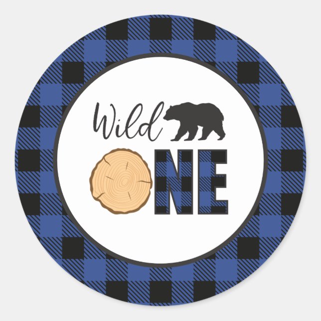 Wild One Bear blue Buffalo Plaid First Birthday Classic Round Sticker (Front)