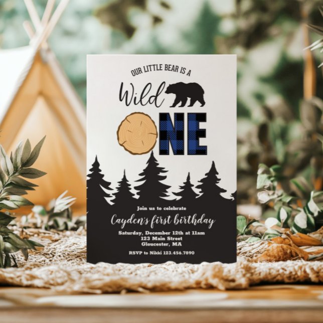Wild One Bear Blue Buffalo Plaid First Birthday Invitation (Creator Uploaded)