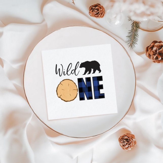 Wild One Bear blue Buffalo Plaid First Birthday Napkins (Creator Uploaded)