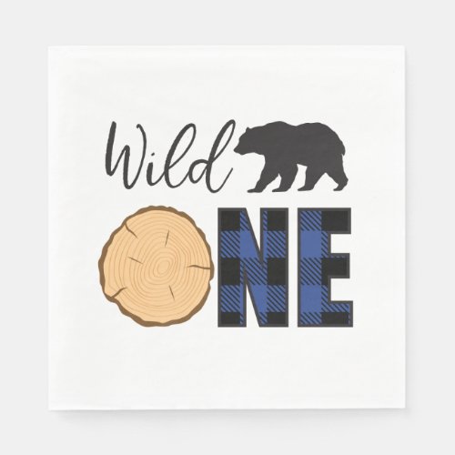 Wild One Bear blue Buffalo Plaid First Birthday Napkins