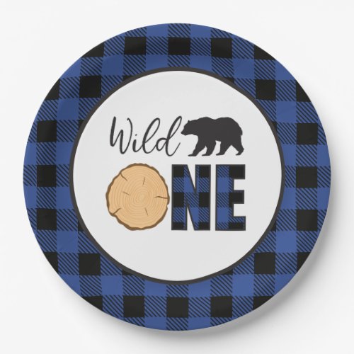 Wild One Bear blue Buffalo Plaid First Birthday Paper Plates