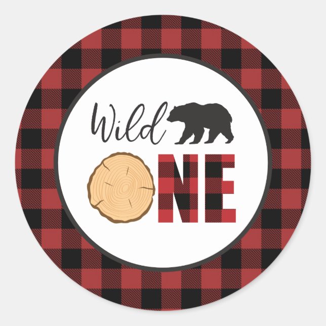 Wild One Bear Buffalo Plaid First Birthday Classic Round Sticker (Front)