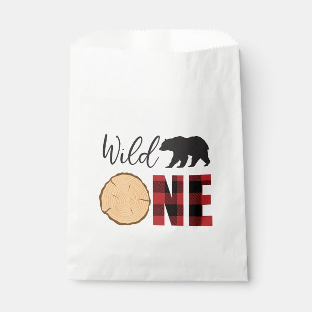 Wild One Bear Buffalo Plaid First Birthday Favor Bag (Front)