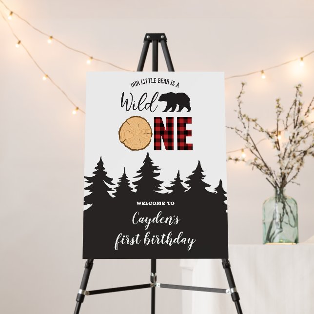 Wild One Bear Buffalo Plaid First Birthday Foam Board (In Situ (Stand))