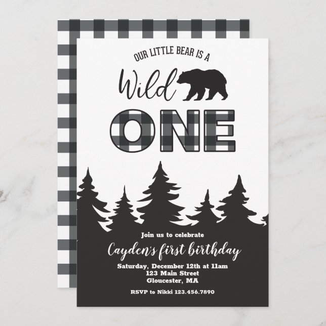 Wild One Bear Buffalo Plaid First Birthday Invitat Invitation (Front/Back)