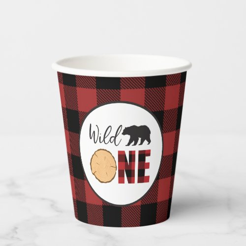 Wild One Bear Buffalo Plaid First Birthday Paper Cups