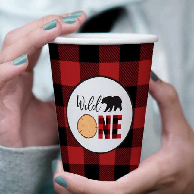 Wild One Bear Buffalo Plaid First Birthday Paper Cups (Creator Uploaded)