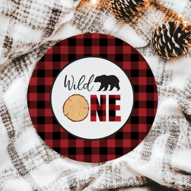 Wild One Bear Buffalo Plaid First Birthday Paper P Plates (Creator Uploaded)