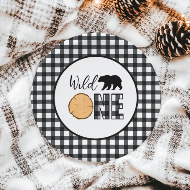 Wild One Bear Buffalo Plaid First Birthday Paper Plates (Creator Uploaded)