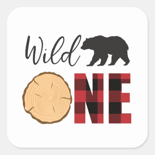 Wild One Bear Buffalo Plaid First Birthday Square Sticker