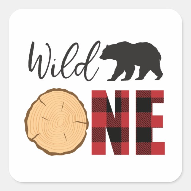 Wild One Bear Buffalo Plaid First Birthday Square Sticker (Front)