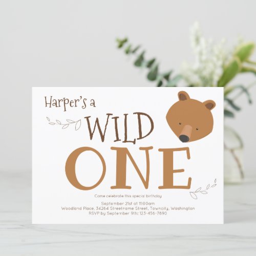 Wild One Bear Face First Birthday Invitation