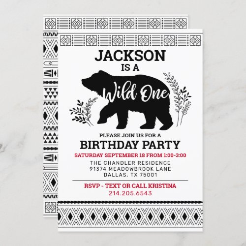 Wild One Bear First Birthday Invitation