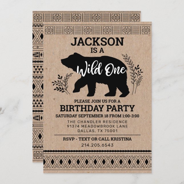 Wild One Bear First Birthday Invitation (Front/Back)