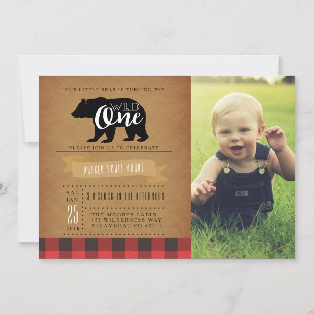 Wild One Bear | First Birthday Party Photo Invitation (Front)