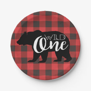 Wild One Bear Flannel First Birthday Paper Plates