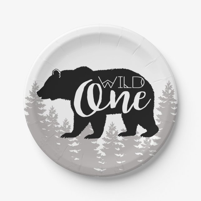 Wild One Bear | Forest | First Birthday Paper Plates (Front)