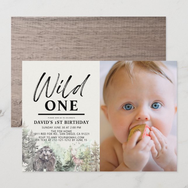 Wild One Bear Forest Mountain 1st Birthday Photo Invitation (Front/Back)