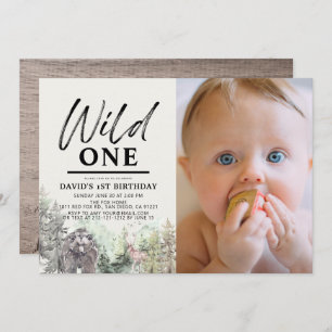 Wild One Bear Forest Mountain 1st Birthday Photo Invitation