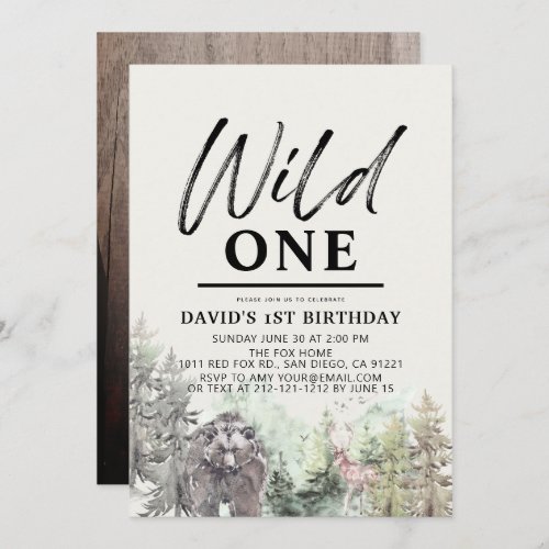 Wild One Bear Forest Mountain Boy 1st Birthday Invitation