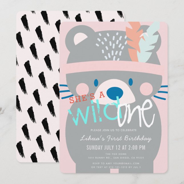 Wild One Bear Girl Pink 1st Birthday Invitation (Front/Back)