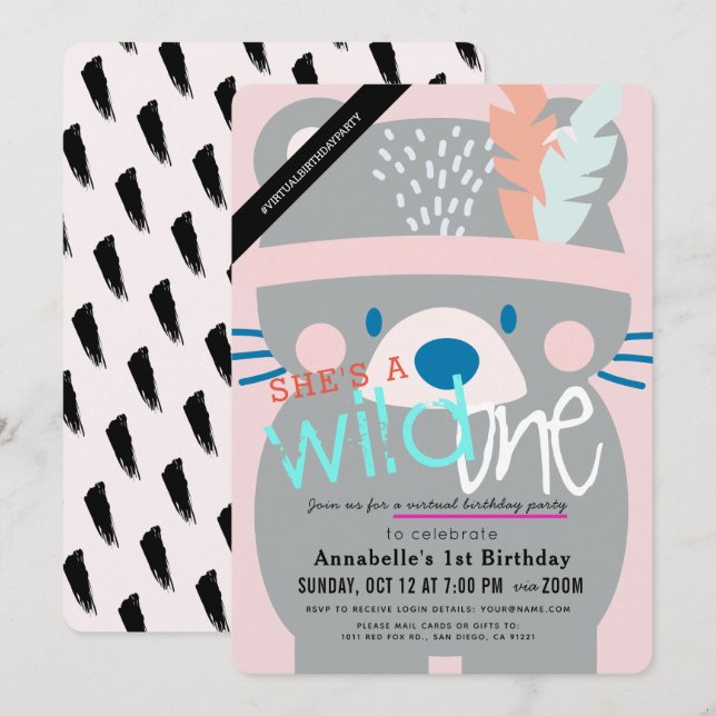 Wild One Bear Girl Pink Virtual 1st Birthday Invitation (Front/Back)