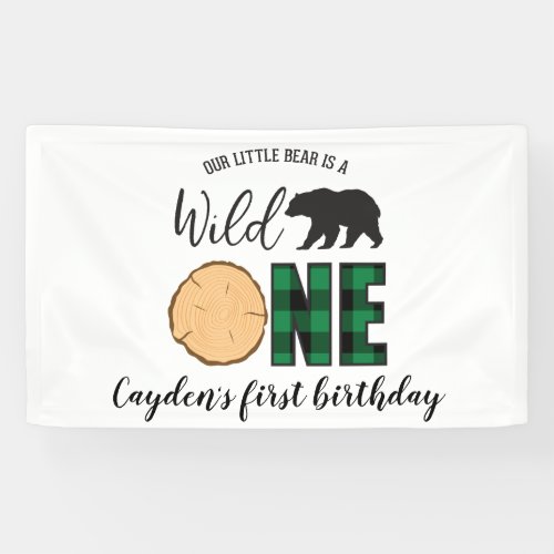 Wild One Bear green Buffalo Plaid First Birthday Banner