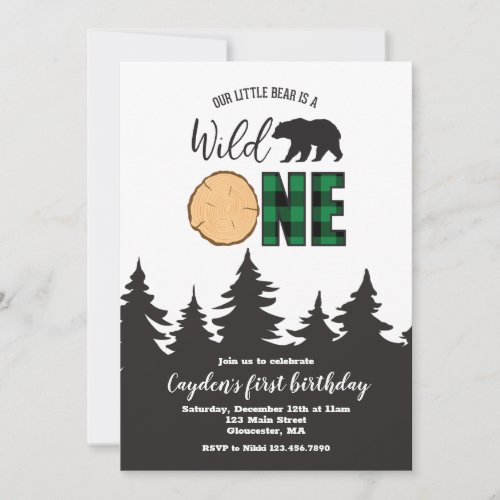 Wild One Bear Green Buffalo Plaid First Birthday Invitation