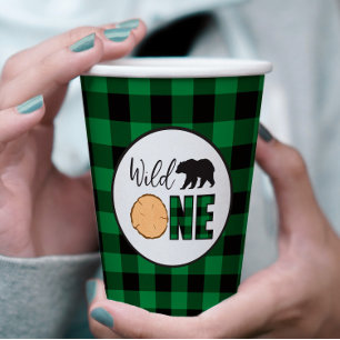 Wild One Bear green Buffalo Plaid First Birthday Paper Cups