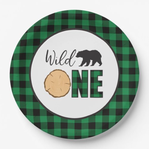 Wild One Bear green Buffalo Plaid First Birthday Paper Plates