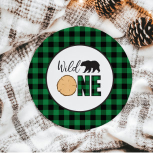 Wild One Bear green Buffalo Plaid First Birthday Paper Plates