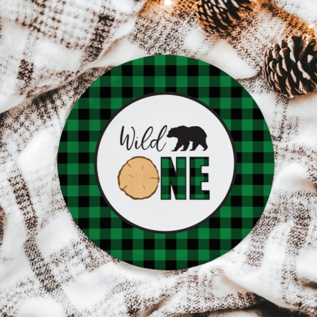 Wild One Bear green Buffalo Plaid First Birthday Paper Plates (Creator Uploaded)