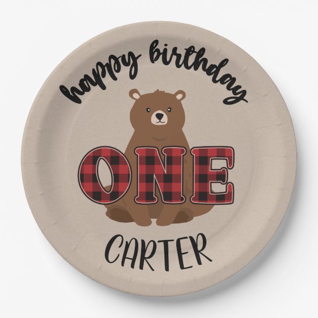 Wild ONE Bear Happy First Birthday Party Paper Plates (Front)