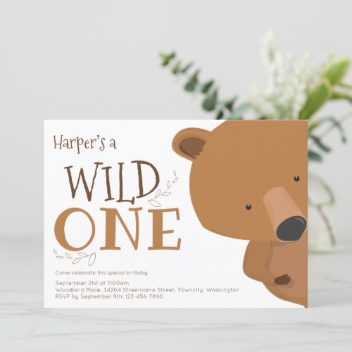 Wild One Bear Looking First Birthday Invitation