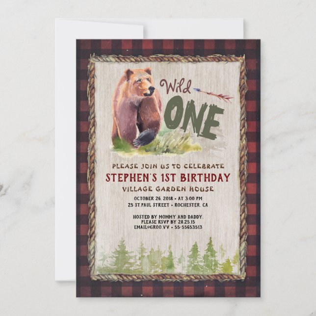 WILD ONE Bear Lumberjack Adventure Birthday Party Invitation (Front)