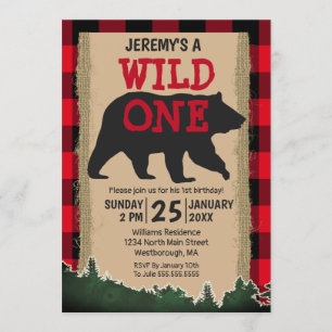 Wild One Bear Red Buffalo Plaid 1st Birthday Invitation