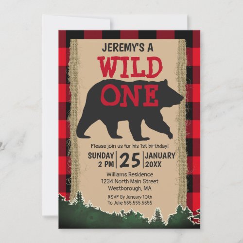Wild One Bear Red Buffalo Plaid 1st Birthday Invitation