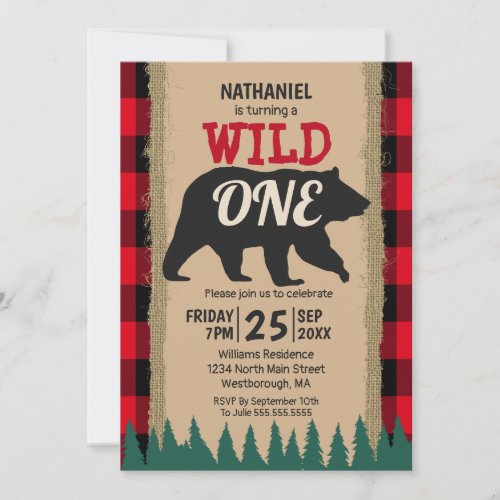 Wild One Bear Rustic Buffalo Plaid 1st Birthday Invitation