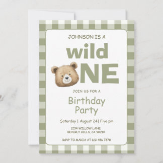 Wild One Bear Sage Green Woodland First Birthday Invitation