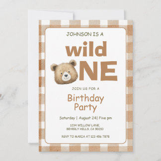Wild One Bear Woodland Birthday Invitation