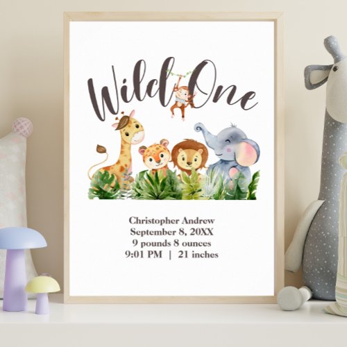 Wild One Birth Stats Jungle Safari Animals Poster