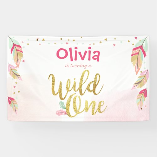 Wild one birthday banner Feathers Gold boho Tribal