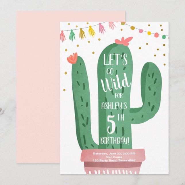 Wild One Birthday Cactus Fiesta Let's Go Wild Invitation (Front/Back)