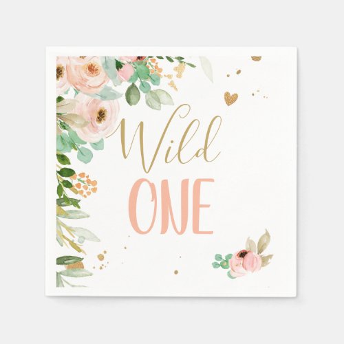 Wild One Birthday Girl Floral Flowers Pink Gold Napkins