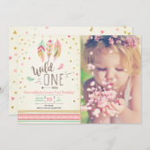 Wild one Birthday Girl Pink Gold 1st Boho Feathers Invitation (Front/Back)