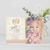 Wild one Birthday Girl Pink Gold 1st Boho Feathers Invitation (Standing Front)
