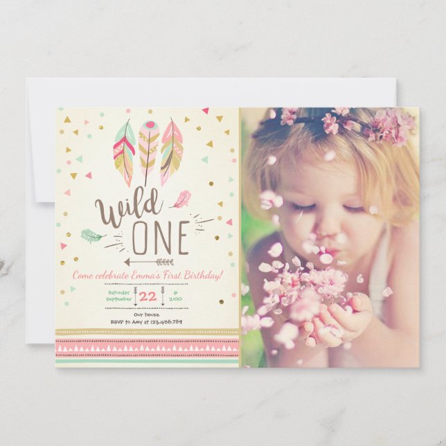 Wild one Birthday Girl Pink Gold 1st Boho Feathers Invitation (Front)