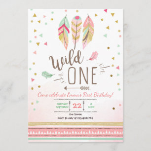 Wild one Birthday Girl Pink Gold 1st Boho Feathers Invitation