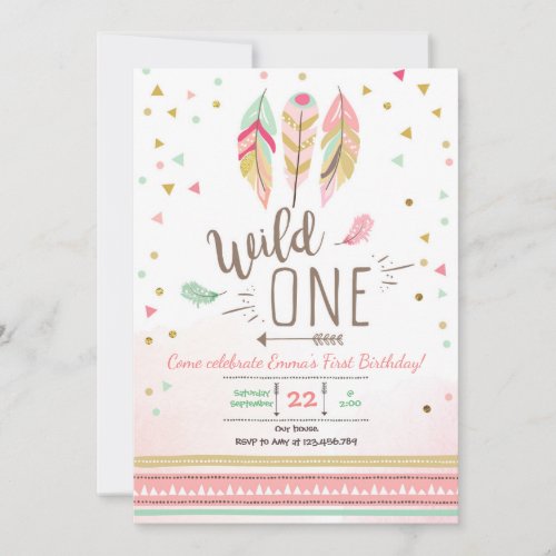 Wild one Birthday Girl Pink Gold 1st Boho Feathers Invitation