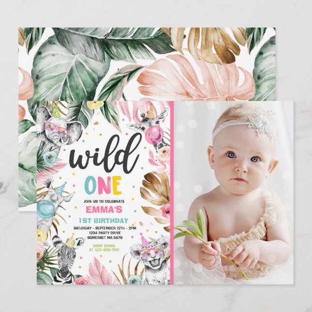 Wild One Birthday Gold Safari Jungle Animals Party Invitation (Front/Back)